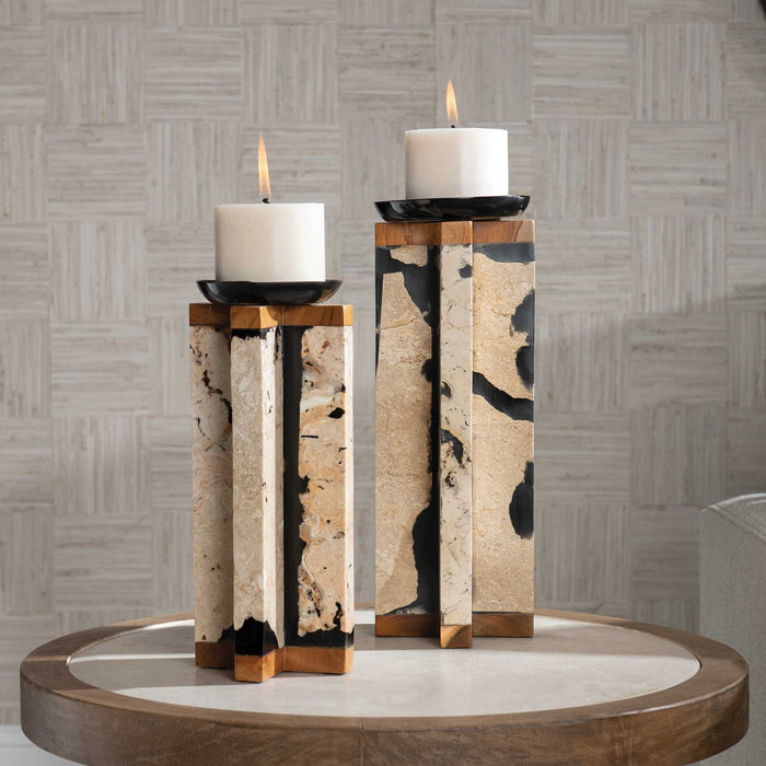 Illini - Stone Candleholders (Set of 2) - Black & White