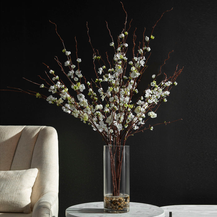 Quince Blossoms Silk Centerpiece - Plant In A Clear Glass Vase - Dark Brown