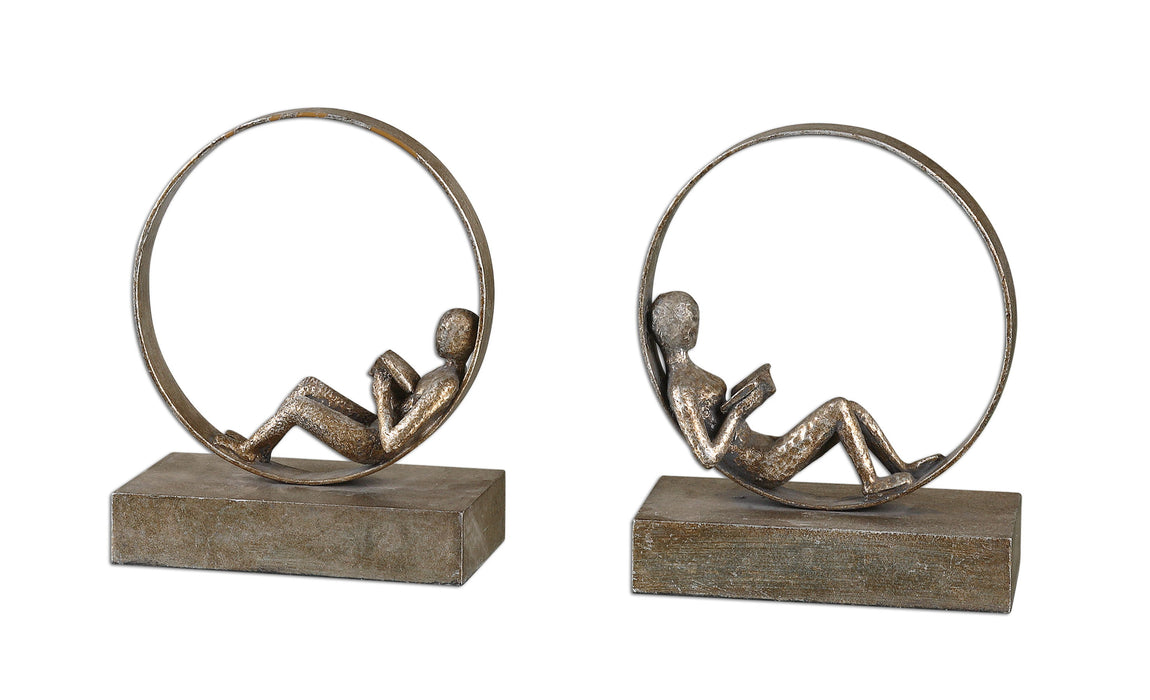 Lounging Reader - Antique Bookends (Set of 2) - Dark Brown