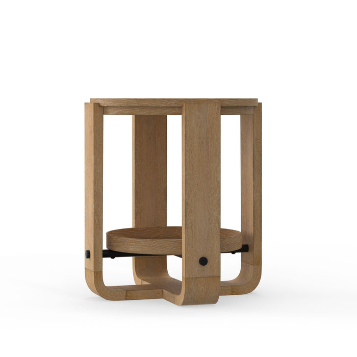 Escape - Round End Table With Shelf - Glazed Natural Oak / Black Metal Trim