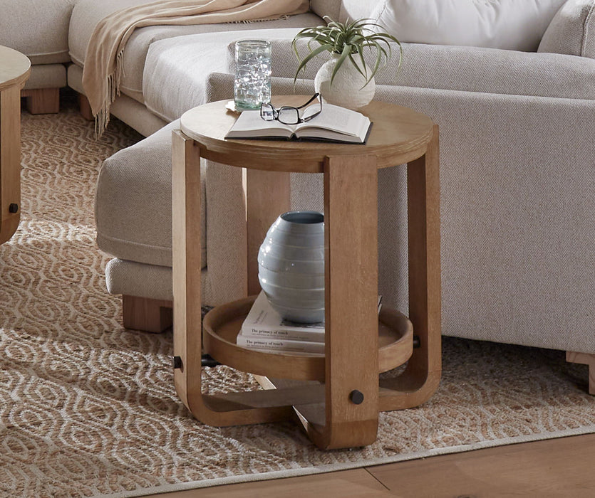 Escape - Round End Table With Shelf - Glazed Natural Oak / Black Metal Trim