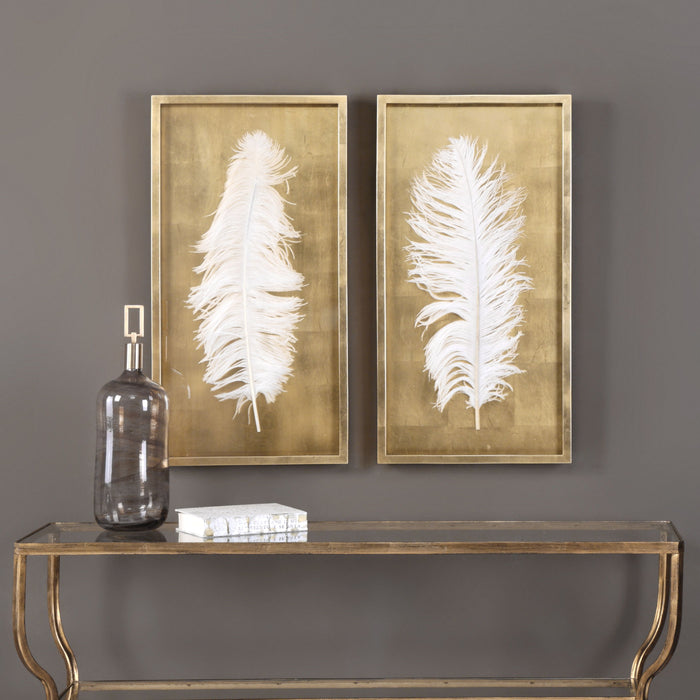 White Feathers - Shadow Box (Set of 2) - Gold