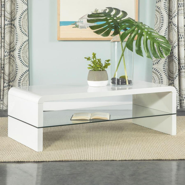 Airell - Rectangular Coffee Table With Glass Shelf - White High Gloss