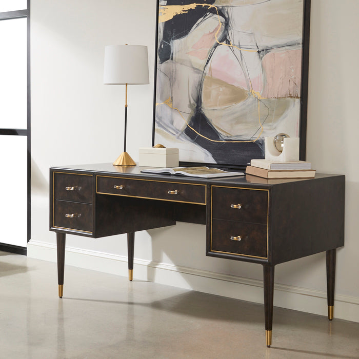 4-Drawer Desk With Charging Port - Chocolate Burl Brown