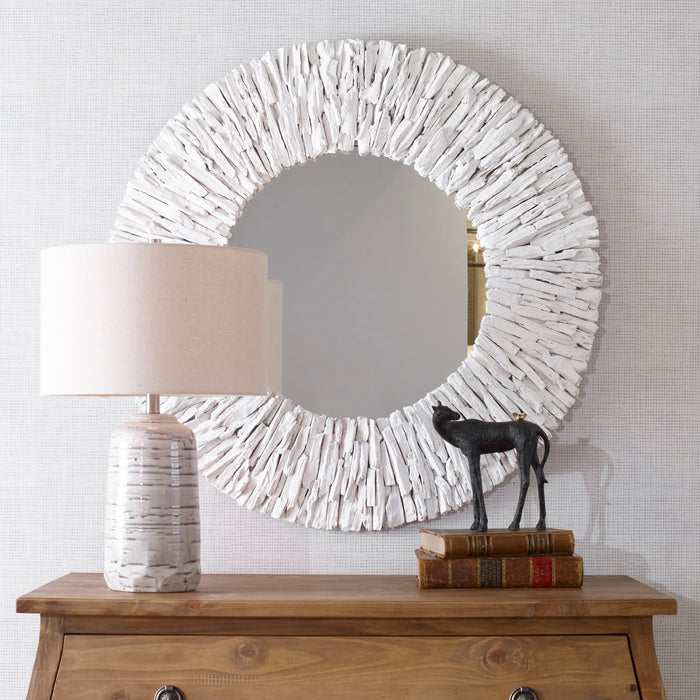 Teak Branch - Round Mirror - White