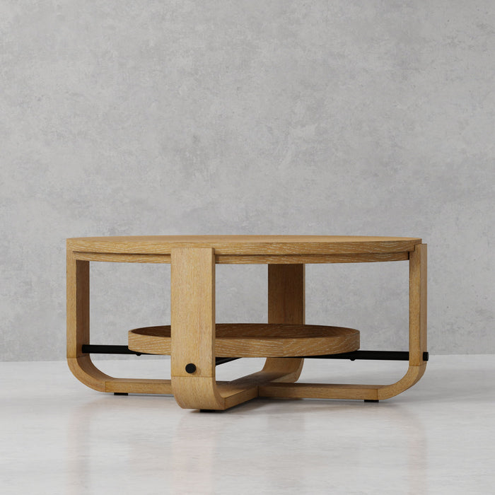 Escape - Cocktail Table Round With Shelf - Glazed Natural Oak / Black Metal Trim