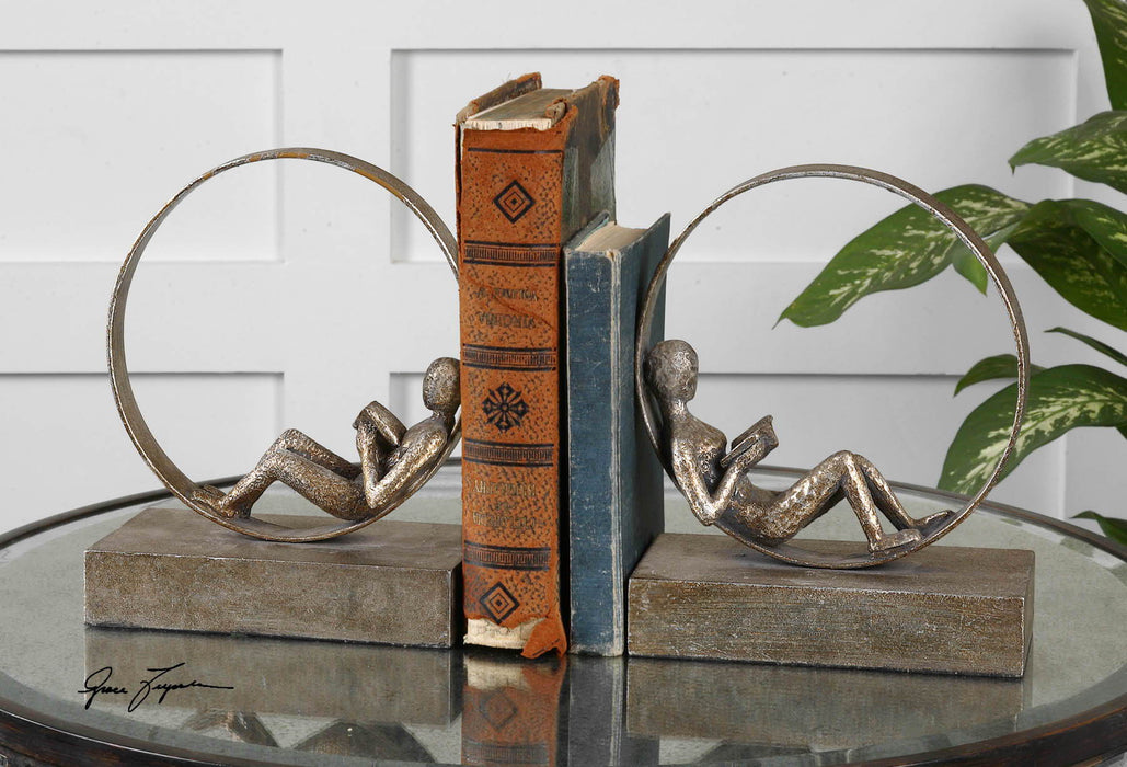 Lounging Reader - Antique Bookends (Set of 2) - Dark Brown