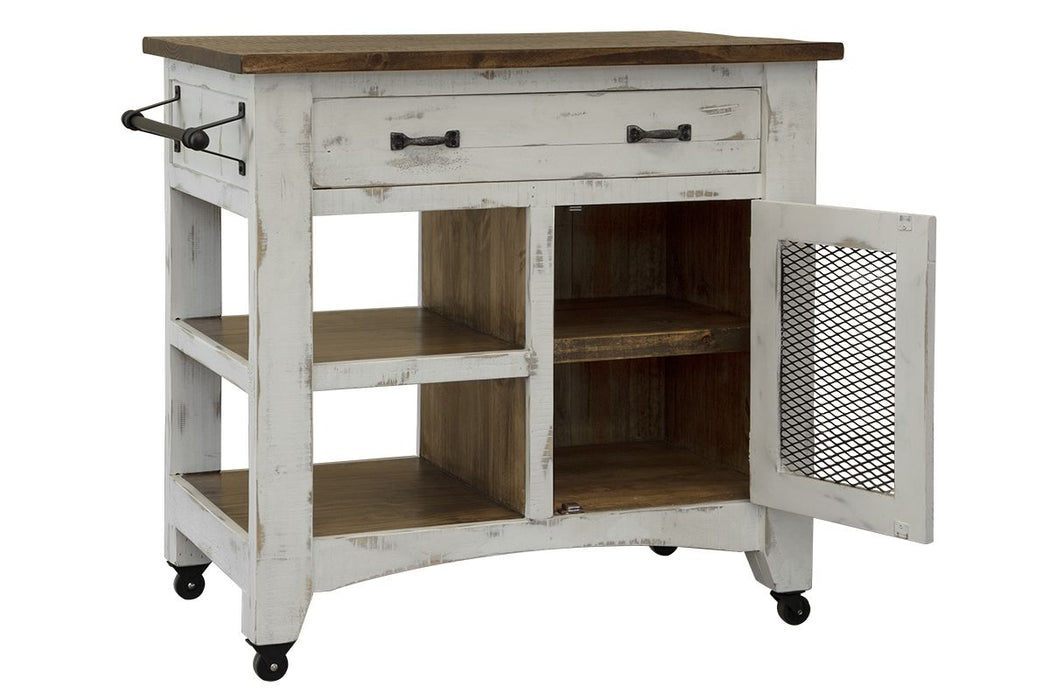 Pueblo White - Kitchen Island With 1 Drawer / 1 Mesh Door - Antiqued White / Brown