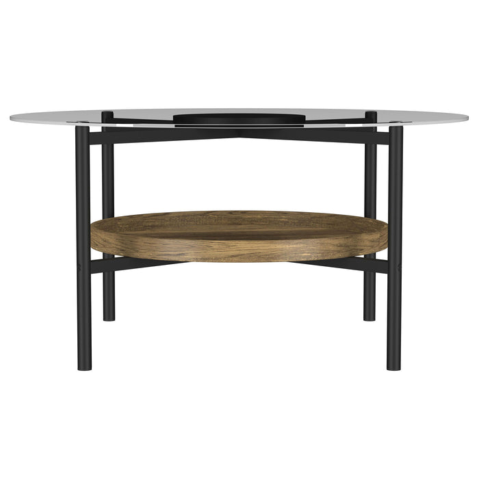 Delfin - Round Glass Top Coffee Table With Shelf - Black / Brown