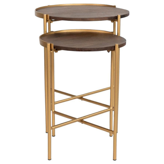 Malka - 2 Piece Round Wood Nesting Table - Dark Brown And Gold